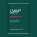 A book or guide cover titled 'THE GYM BAG BLUEPRINT' by Gym Bag Club, shown centered on a dark teal background. The cover is white with red accent lines and text.
