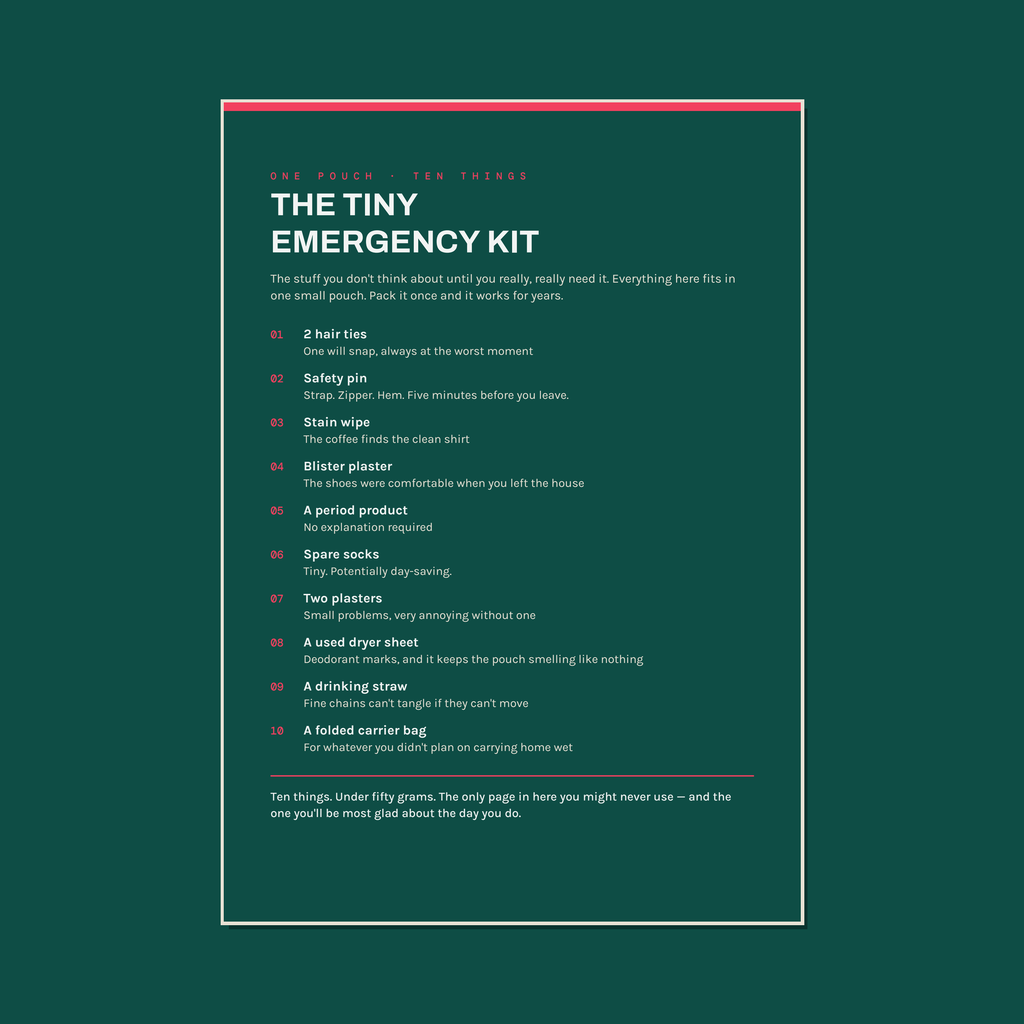 A product card for 'The Tiny Emergency Kit' by One Pine, set against a dark teal-green background. The card is white with a thin pink border and lists essential survival items like a hair tie, safety pin, stain wipe, blister plaster, period product, spares socks, planters, and a drinking straw.