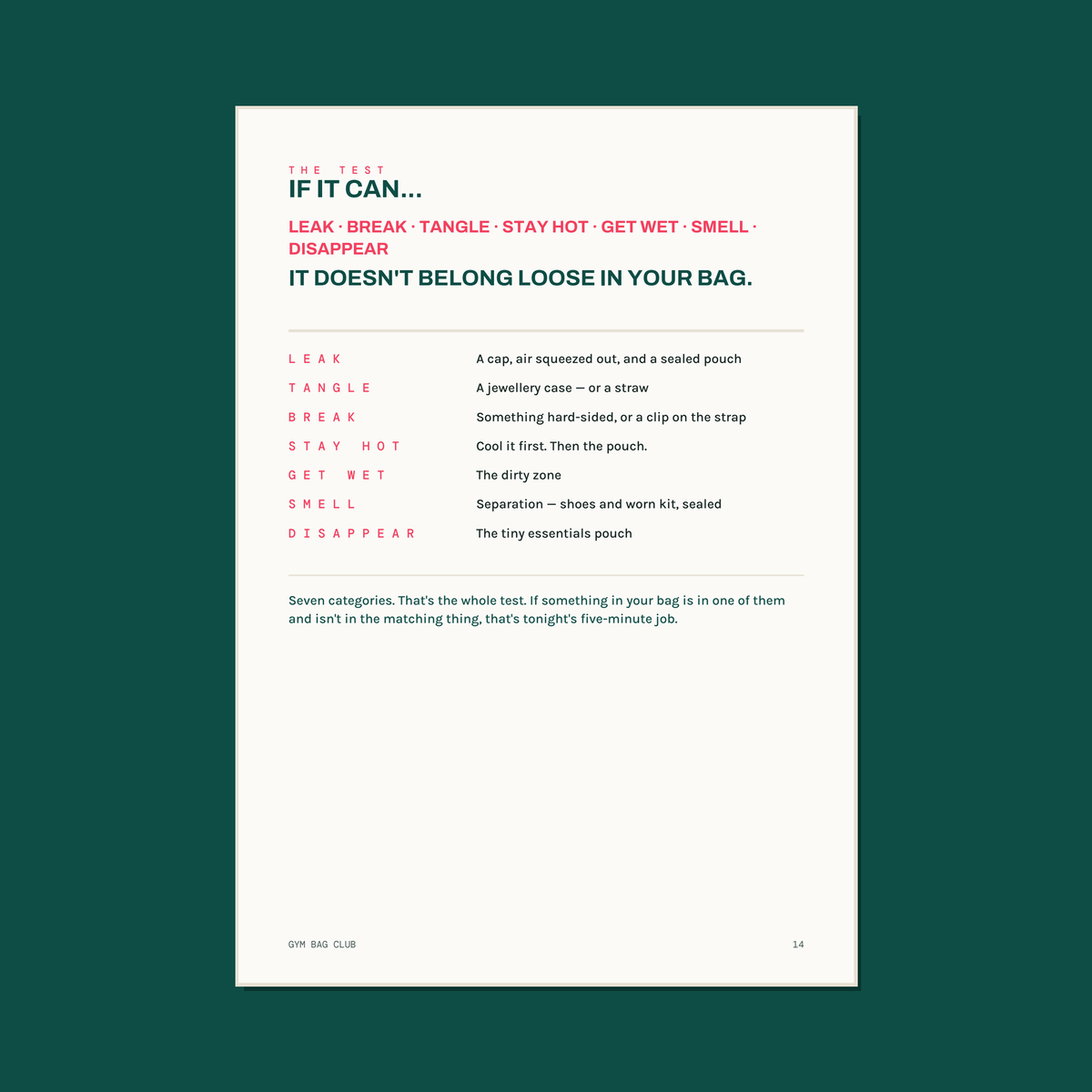 A white rectangular card with printed text about shoe odor removal terms and instructions, centered on a dark teal background. The card includes headings, bullet points, and a small footer reading 'GIM BAG CLUB' and page number 14.