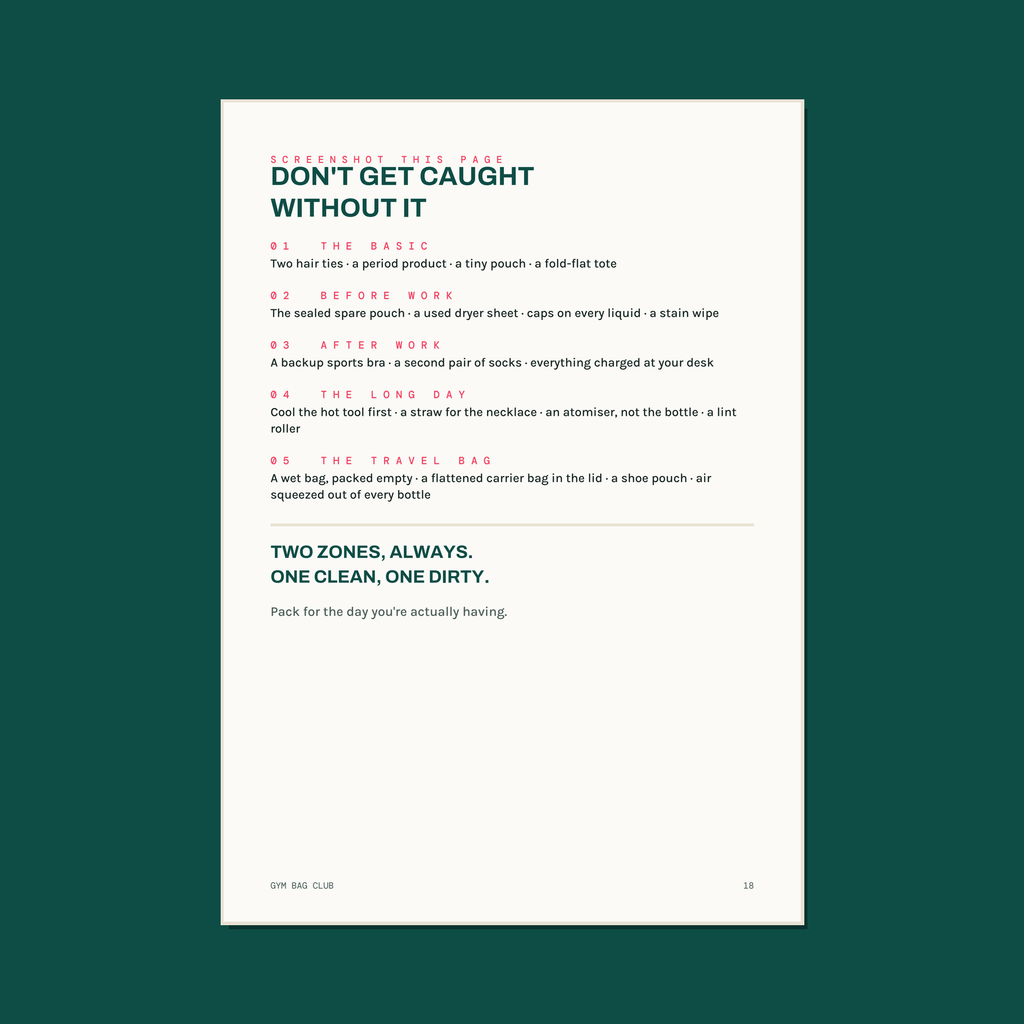 A printed guide or poster titled 'HOW TO PACK FOR DAY ONE DON'T GET CAUGHT WITHOUT IT' on a white sheet, displayed against a dark green background. The sheet contains numbered tips with headings in teal and pink text, including 'THE BASIC', 'BEFORE WORK', 'AFTER WORK', 'THE LOOK DAY', and 'THE TRAVEL BAG'.